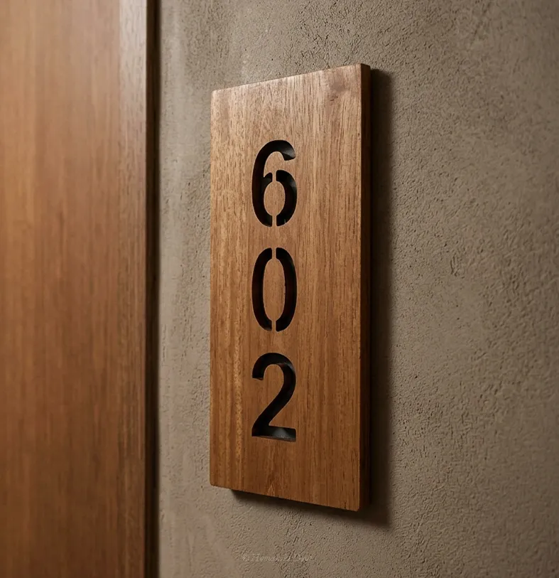 Room-number door signage — cut timber numerals on textured plaster